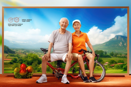 Portrait of lovely happy elderly couple, retirees wife and husband rejoice in active lifestyle, smiling woman tenderly embracing her spouseの素材
