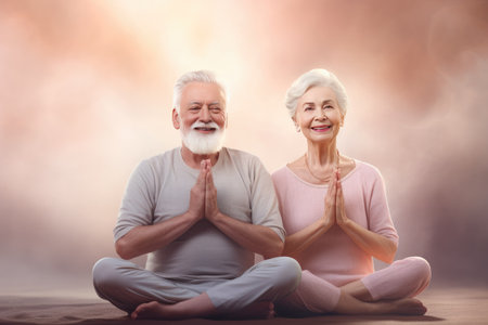 Portrait of lovely happy elderly couple, retirees wife and husband rejoice in active lifestyle, smiling woman tenderly embracing her spouseの素材