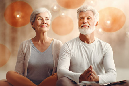 Portrait of lovely happy elderly couple, retirees wife and husband rejoice in active lifestyle, smiling woman tenderly embracing her spouseの素材