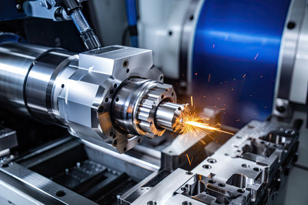 Laser machine in action, precisely cutting and shaping intricate parts with incredible accuracy. The intense beam of light creates a mesmerizing visual spectacle, illuminating the metallic surface and revealing intricate details.の素材