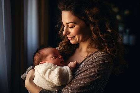 A heartwarming moment captured in a bright and realistic photograph where a young mother lovingly cradles her newborn baby in her arms. The tender bond between mother and child radiates through the image, creating a sense of warmth and joy.の素材