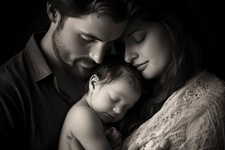 The image exudes warmth, tenderness, and the purest form of parental love, showcasing the bond between parents and their precious little one.の素材