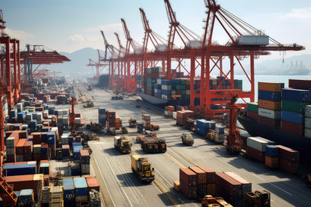 The atmosphere is filled with energy as workers load and unload goods, ensuring the smooth operation of global trade. The photograph beautifully captures the scale and complexity of logistics, emphasizing the importance of efficient transportation and supply chain management.の素材