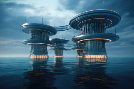 Futuristic environmentally friendly power plant of the future in the ocean, Revolutionizing Water Energy Systems with Full Automation. Efficiency and Comfort of Fully Automated Modern Water Energy Systemsの素材