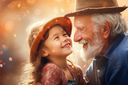 Cute little girl covering eyes with hands of her smiling senior grandfather while playing and having fun together at home, small happy child spending time with positive active grandpaの素材