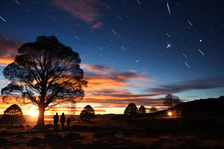 Countless meteors streak through the darkness, leaving trails of light in their wake. The sheer intensity of the meteorite shower creates a spectacle of cosmic beauty and awe.の素材