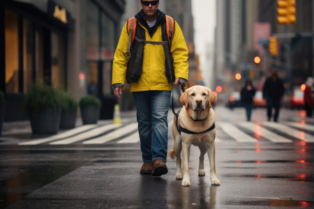 The guide dog, with a calm and focused demeanor, leads the blind person confidently, providing guidance and support.の素材
