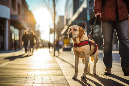 The guide dog, with a calm and focused demeanor, leads the blind person confidently, providing guidance and support.の素材