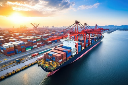 The atmosphere is filled with energy as workers load and unload goods, ensuring the smooth operation of global trade. The photograph beautifully captures the scale and complexity of logistics, emphasizing the importance of efficient transportation and supply chain management.の素材