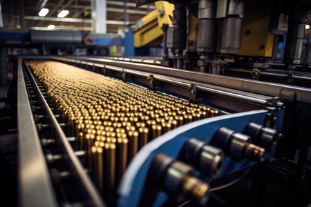 well-organized production line with automated machinery and workers carefully overseeing the production process. Bullets or shells move along the conveyor, undergoing various stages of manufacturing, including casing, filling, and packaging.の素材