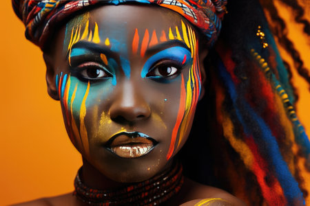 Portrait of a beautiful African woman with unusual body art with black skin and colored eyes and lips on a dark background. The concept of hidden feelings and desires. advertising poster. Generative AIの素材