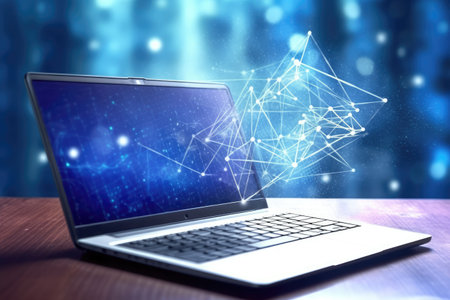 Integration of cutting-edge technologies, showcasing the laptop as a gateway to a world of advanced computing capabilities. Generative AI brings life to the dynamic data whirlpool, enhancing the visual impact and immersing the viewer in the digital revolution.の素材