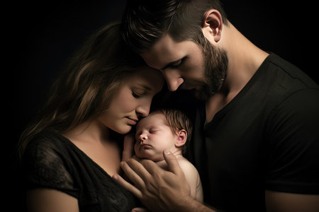 The image exudes warmth, tenderness, and the purest form of parental love, showcasing the bond between parents and their precious little one.の素材