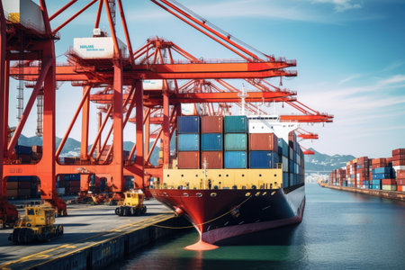 The atmosphere is filled with energy as workers load and unload goods, ensuring the smooth operation of global trade. The photograph beautifully captures the scale and complexity of logistics, emphasizing the importance of efficient transportation and supply chain management.の素材