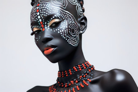 Portrait of a beautiful African woman with unusual body art with black skin and colored eyes and lips on a dark background. The concept of hidden feelings and desires. advertising poster. Generative AIの素材