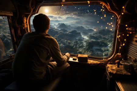 In this bright and awe-inspiring photograph, we witness the future of travel - space tourism. The image depicts a space tourist gazing in wonder at the Earth from the window of a spacecraft, surrounded by the infinite beauty of the cosmos.の素材