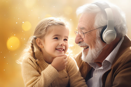 Cute little girl covering eyes with hands of her smiling senior grandfather while playing and having fun together at home, small happy child spending time with positive active grandpaの素材