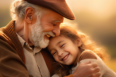 Cute little girl covering eyes with hands of her smiling senior grandfather while playing and having fun together at home, small happy child spending time with positive active grandpaの素材