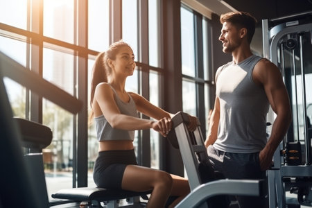 Shot of a muscular young woman in sportswear working out with personal trainer at the gym.の素材