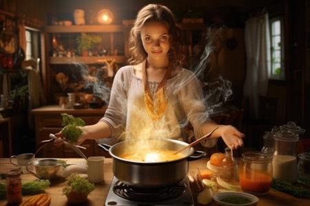 Happy smiling cute woman is preparing a fresh healthy vegan salad with many vegetables in the kitchen, Gnerative AIの素材