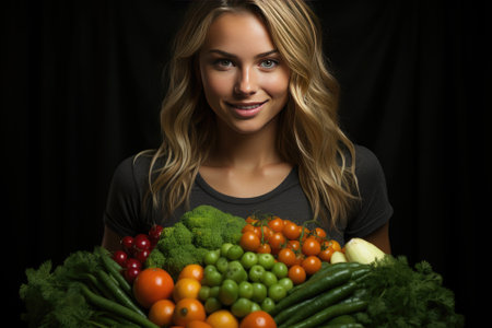 Cheerful woman carries different fresh vegetables keeps eyes closed smiles broadlyの素材