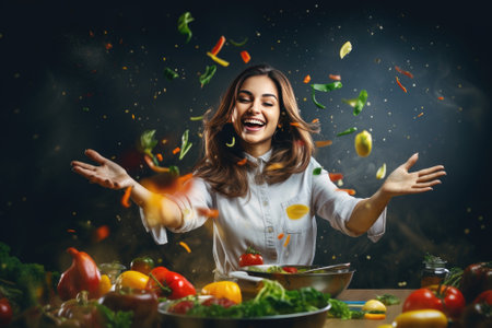 Happy smiling cute woman is preparing a fresh healthy vegan salad with many vegetables in the kitchen, Gnerative AIの素材