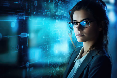 Program development concept. Portrait of a programmer in the modern computer world Gnerative AIの素材