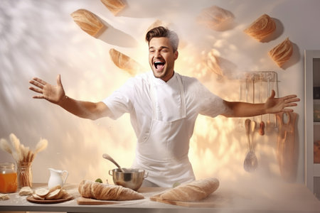 Whole grain bread put on kitchen wood plate with a chef holding gold knife for cut. Fresh bread on table close-up. Gnerative AIの素材