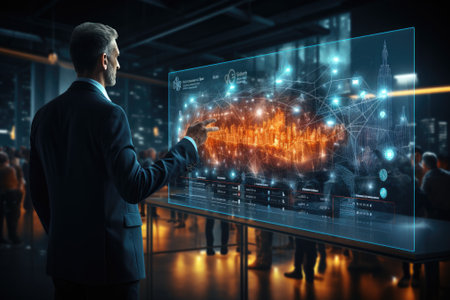 Ai tech, businessman show virtual graphic Global Internet connect Chatgpt Chat with AI, Artificial Intelligence. using command prompt for generates something, Futuristic technology transformation.の素材