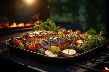 Fried salmon steak with potatoes and vegetables on wooden tableの素材