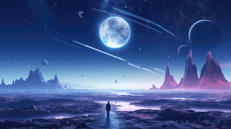 A man stands on the surface of an alien planet and looks at a circle of neon. Silhouette against the backdrop of a fantastic landscape.の素材