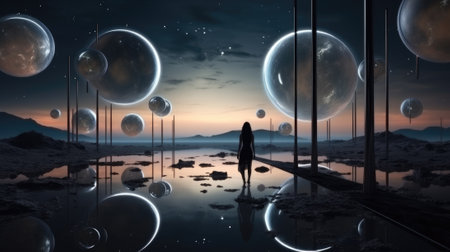 A man stands on the surface of an alien planet and looks at a circle of neon. Silhouette against the backdrop of a fantastic landscape.の素材