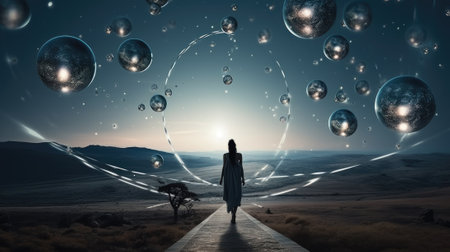 A man stands on the surface of an alien planet and looks at a circle of neon. Silhouette against the backdrop of a fantastic landscape.の素材