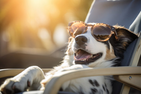 The dog is seen wearing sunglasses and relaxing in a beach chair, exuding a sense of humor and charm.の素材