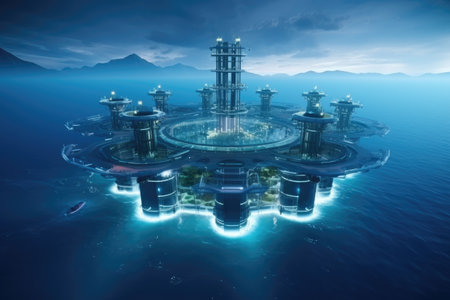 Futuristic environmentally friendly power plant of the future in the ocean, Revolutionizing Water Energy Systems with Full Automation. Efficiency and Comfort of Fully Automated Modern Water Energy Systemsの素材