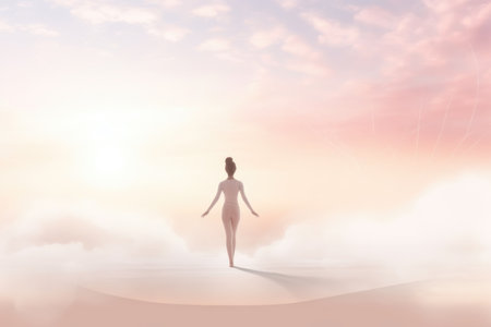 Beautiful background on the desktop - yoga, healthy lifestyle. The figure of a woman on a colorful bright background.の素材