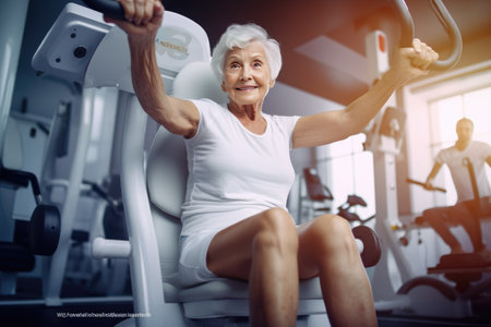 Sport In Mature Age. Happy senior woman doing stretching exercises in front of laptop at home, watching online tutorials, free spaceの素材