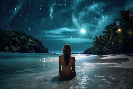 A girl in a dress stands on a sandy beach near the sea on the sunriseの素材