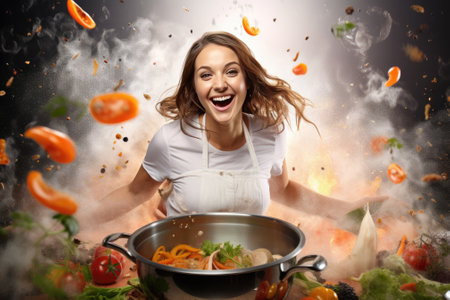 Happy smiling cute woman is preparing a fresh healthy vegan salad with many vegetables in the kitchen, Gnerative AIの素材