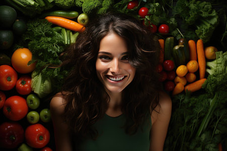 Cheerful woman carries different fresh vegetables keeps eyes closed smiles broadlyの素材