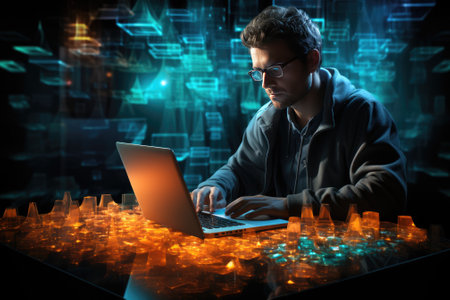 Program development concept. Portrait of a programmer in the modern computer world Gnerative AIの素材