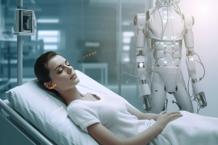 A photograph of a patient lying in a hospital bed, surrounded by robots, with a team of doctors and nurses caring for them. Generative AIの素材