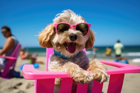 The dog is seen wearing sunglasses and relaxing in a beach chair, exuding a sense of humor and charm.の素材