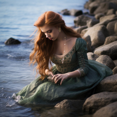 The image depicts a sense of tranquility and wonder, as the mermaid peacefully navigates the gentle waves. The golden hues of the setting sun create a warm and serene atmosphere, adding to the ethereal allure of the scene.の素材