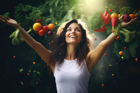 Cheerful woman carries different fresh vegetables keeps eyes closed smiles broadlyの素材