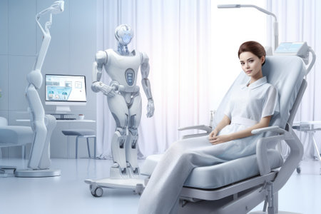 A photograph of a patient lying in a hospital bed, surrounded by robots, with a team of doctors and nurses caring for them. Generative AIの素材