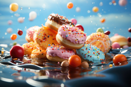 candy bar. Festive sweet with lots of macarons and eclairs Gnerative AIの素材