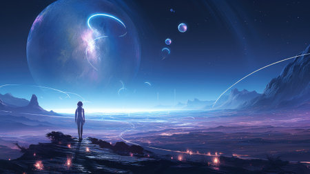 A man stands on the surface of an alien planet and looks at a circle of neon. Silhouette against the backdrop of a fantastic landscape.の素材