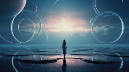 A man stands on the surface of an alien planet and looks at a circle of neon. Silhouette against the backdrop of a fantastic landscape.の素材