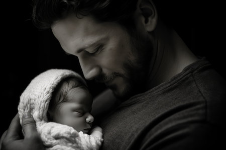In this bright and realistic photograph, a young father cradles his newborn baby in his arms, capturing a beautiful moment of paternal love and bonding.の素材